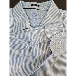 Bugatchi Uomo Button‎ Shirt XXL White Blue Black Geometric Flip Cuff Classic